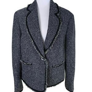 NEW Anne Klein Sz 16 Tweed Blazer Jacket Navy Blue Black Frayed Trim Preppy